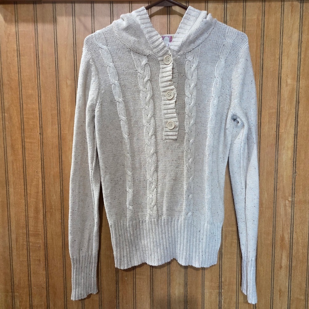 Vintage Ocean Pacific OP Cable Knit Sweater Hoodie Button Beige L/G